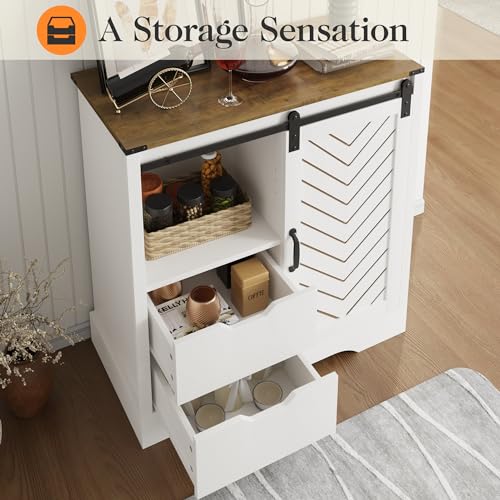 RoyalCraft Farmhouse Coffee Bar Cabinet with Storage, 33" H Sideboard Buffet Cabinet with Sliding Bar Door, Wooden Rustic Accent Cabinet Table for Dining Room Living Room Kitchen, White