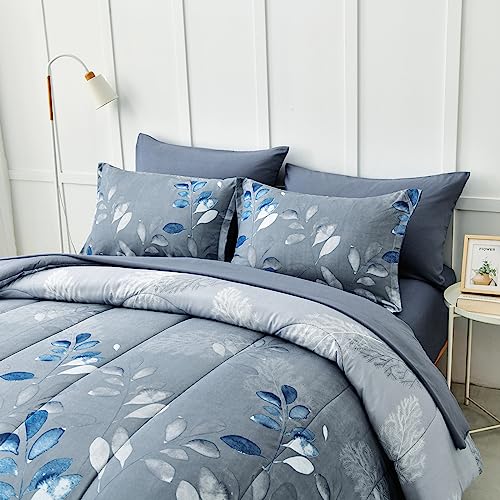 Anibedding Blue Comforter Set Queen Size 7 Piece Navy Botanical Gradient Leaves Ultra Soft Microfiber Down Alternative Bedding Set Lightweight Reversible Bed Comforter Set for All Season 90" x 90" Anibedding