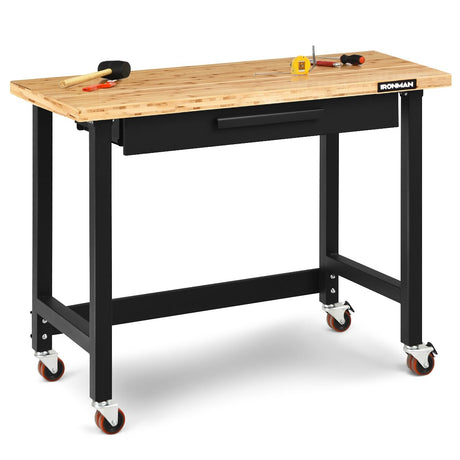 BOSEO Bamboo Top Workbench on Wheels with Sliding Organizer Drawer Table, 48" 500Lbs Workbench, Heavy-Duty Steel Work Table Hardwood Workstation, BOSEO
