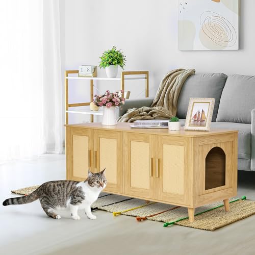Homhedy Boho Cat Litter Box Enclosure for 2 Cats,Litter Box Furniture Hidden with Double Rattan Decorated Doors,Wooden Cat Washroom Furniture,Cat House,47.2”L x 19.7”W x 21.7”H, Natural Homhedy