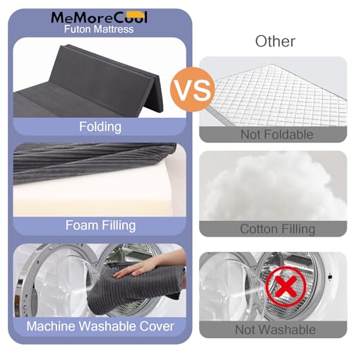 MeMoreCool Folding Foam Futon Mattress Queen, Foldable Japanese Floor Mattress, Sleeping Mat Pad for Adults Guests Sleepovers, 3 in Thick Tatami Mat Portable Shikibuton, Dark Grey MeMoreCool