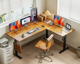 Casaottima 63 Inch Reversible L Shaped Electric Standing Desk, Ergonomic Height Adjustable Desk, Large Lift Corner Stand up Table for Workstation, Home Office, Reception Room, Rustic Brown Casaottima