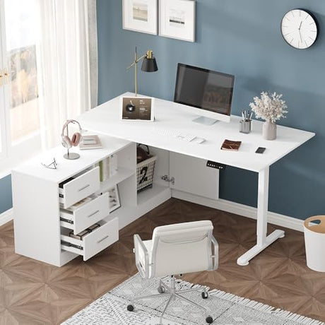 Lovinouse Large White Electric Adjustable Standing Desk, Reversible L Shaped Office Work Desk with Storage Drawers, Adjustable Height and Shelves, Rising Study Computer Table for Home Office, Bedroom Lovinouse