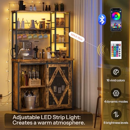 HOOBRO Bakers Rack with Power Outlet and LED Light, Microwave Stand with Sliding Barn Door, Coffee Bar Cabinet with 6-S Hooks, Kitchen Storage Shelf with Cabinet, Rustic Brown and Black BF23UDHB01