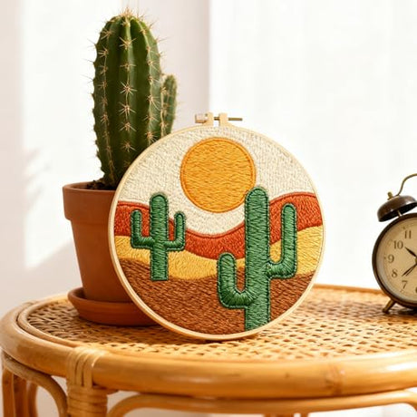 BEUNITONE Bohemian Embroidery Kit for Beginners, 6-Piece Stamped Needlepoint Craft Kits with Landscape, Sun, Moon, Leaves, Vase Designs, Complete DIY Handmade Embroidery Set for Relaxing Creative Fun BEUNITONE