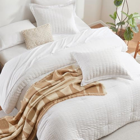 CozyLux Twin Comforter Set with Sheets 5 Pieces, White Seersucker Textured Bed in a Bag for Girls, Luxury Soft Bedding Set with Down Alternative Comforter, Sheets, Pillowcase & Sham for All Seasons CozyLux