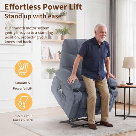 PoteSoar Power Lift Recliner Chair for Elderly with Massage and Heat, Comfortable Electric Power Reclining Chair with Side Pockets,2 Cup Holders and USB Charging Port for Living Room (Blue) PoteSoar