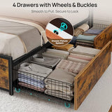 Rolanstar Queen Bed Frame with 4 Storage Drawers, Charging Station and LED Lights, Metal Platform Bed with 2-Tier Storage Headboard, No Box Spring Needed, Easy Assembly, Noise-Free, Rustic Brown Rolanstar
