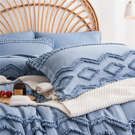 KAKIJUMN Blue Tufted 7-Piece Queen Comforter Set, Shabby Chic Boho Comforter and Sheet Set, All Season Soft Microfiber Complete Bedding Set KAKIJUMN