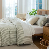 BUPIRD Sage Green Queen Size Comforter Set Striped 100% Soft Washed Microfiber Jacquard 3 Pieces Striped Bedding Sets Green White Comforter Queen for All Seasons and 2 Pillowcases Comfort Breathable BUPIRD