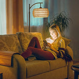 Arc Floor Lamp with Remote Control, Dimmable LED Floor Lamp with 3 Color Temperature, Black Standing Lamp with Rattan & Fabric Double Drum Shade, Boho Farmhouse Tall Pole Lamp for Living Room Bedroom eyassi