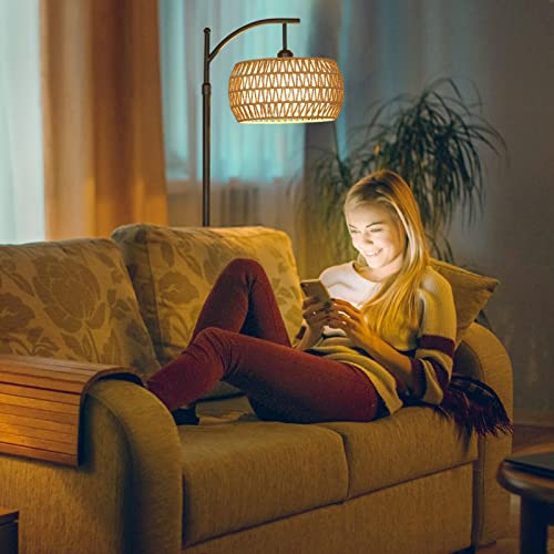 Arc Floor Lamp with Remote Control, Dimmable LED Floor Lamp with 3 Color Temperature, Black Standing Lamp with Rattan & Fabric Double Drum Shade, Boho Farmhouse Tall Pole Lamp for Living Room - WoodArtSupply