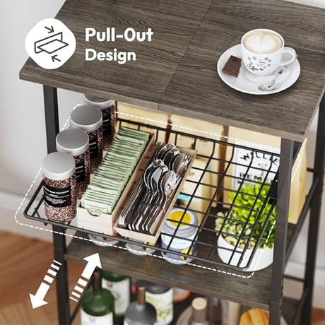 SWTYMIKI Coffee Bar Station Rack - Bakers Rack Corner Coffee Stand Station, Bar Cabinet for Kitchen with Hooks Grey SWTYMIKI