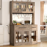 YITAHOME 71" Farmhouse Kitchen Pantry Storage Cabinet with Power Outlet, Freestanding Glass Door Display Pantry Hutch with Microwave Stand & Adjustable Shelves & Large Countertop for Home, Lvory Grey YITAHOME