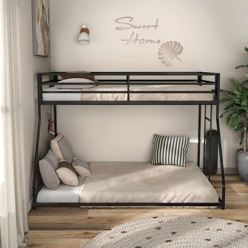 Furniture of America Dravenor Modern Metal Twin Over Full Low Profile Bunk Bed with Reversible Ladder and Twnty-Two Slats, No Box Spring Required, for Kids, Bedroom, Dorm, Black Furniture of America