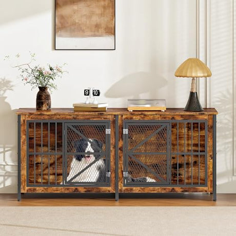 CHOEZON 71" Double Dog Crate Furniture for 2 Dogs, Wooden Dog Crate End Table, Dog Cage for Medium/Large Dogs, Heavy-Duty Dog Kennel Furniture with Framed Metal Doors, Rustic Brown and Black TGW02BF CHOEZON