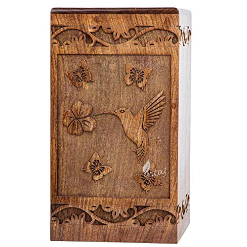 INTAJ Wooden Cremation Urn for Human Ashes, Adult INTAJ Rosewood Urn for Ashes, Humming Bird Funeral Cremation Urn Hand-Crafted - Burial Urn Box INTAJ