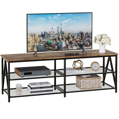 Katrawu TV Stand for TV up to 65 Inch, Long 55" TV Cabinet with 3-Tier Storage Shelves,Entertainment Center TV Console Table for Living Room with Industrial TV Metal Frame, Rustic Brown Katrawu