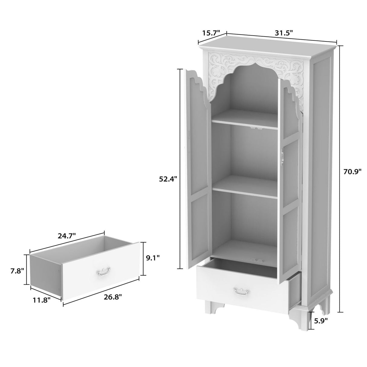 TAMUNE Carved Storage Cabinet with 2 Glass Doors & Drawer, Pooja Mandir with 3-Tier Shelves, Decorative Cabinet Display Cabinet for Living Room White and Walnut (31.5”W x 15.7”D x 70.9”H) TAMUNE