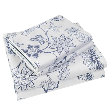 FADFAY King Size Sheet Set, 100% Percale Cotton, Light Blue Floral Toile Pattern, Vintage Farmhouse Minimalist Bedding, Soft Crisp Breathable Sheets with Deep Pocket Fitted Sheet, 4 Pieces FADFAY