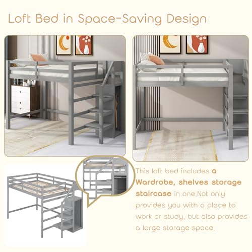 Full Size Loft Bed with Stairs and Built-in Storage Wardrobe, Wood Loft Bed Frame with Storage Shelves and Hanging Rod Gray Loft Beds for Kids Boys Girls Adults Teens Dorm Bedroom Bellemave
