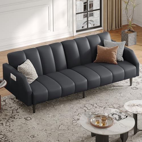 COPIAE Faux Leather Sofa Bed, 78“ Futon Sofa Bed, Adjustable Futon Set Backrest, Sleeper Sofa Couch, Modern Decor Love Seat Couches, Upholstered Couch for Living Room, Bedroom, Dark Gray COPIAE