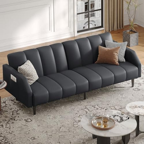 COPIAE Faux Leather Sofa Bed, 78“ Futon Sofa Bed, Adjustable Futon Set Backrest, Sleeper Sofa Couch, Modern Decor Love Seat Couches, Upholstered Couch for Living Room, Bedroom, Dark Gray COPIAE