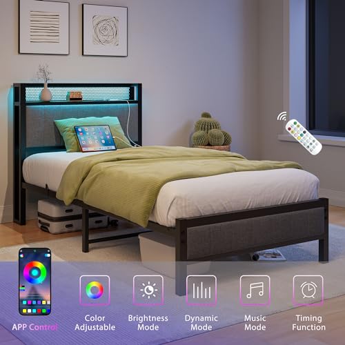 Twin Bed Frame with Charging Station and LED Lights,Upholstered Headboard with Storage Shelves,Metal Single Platform Bed Frame Twin Size with Strong Metal Slats Support No Box Spring Needed,Noise Free BOFENG