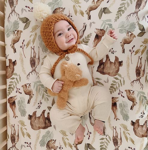 Pobibaby - Premium Single Fitted Baby Boy Crib Sheets for Standard Crib Mattress - Ultra-Soft Cotton Blend, Safe and Snug, and Stylish Woodland Crib Sheet (Wildlife Animal) Pobibaby
