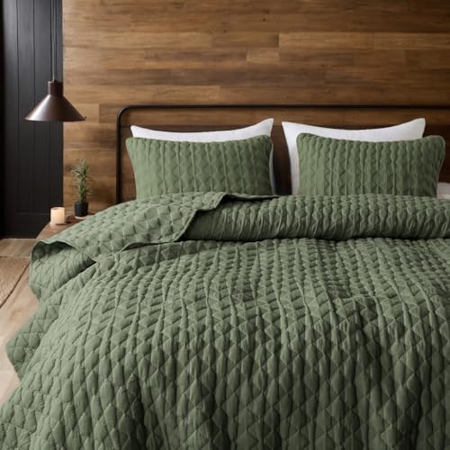 WDCOZY Olive Green Quilts Queen Size Bedding Set with 2 Pillow Shams, Lightweight Soft Full Bedspread Coverlet, Thin Comforter Bed Cover for All Season, 3 Pieces, 90x90 inches WDCOZY