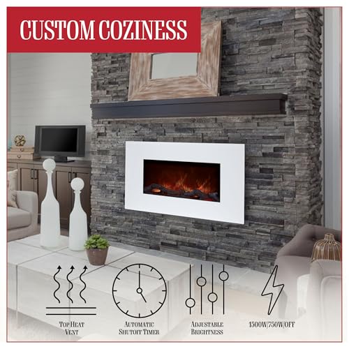 Northwest Wall Mounted Electric Fireplace Heater - 10-Color LED Flame and 3 Media Backgrounds 36-Inch Wall Mounted Fireplace with Adjustable Brightness and Remote (White) Northwest