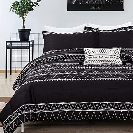 WONGS BEDDING Black Comforter Set Queen Reversible Boho Triangle Striped Down Alternative Comforter Set for Queen Bed - 3 Pieces (1 Comforter + 2 Pillowcases), Soft Microfiber Bedding Set 90"x 90" WONGS BEDDING