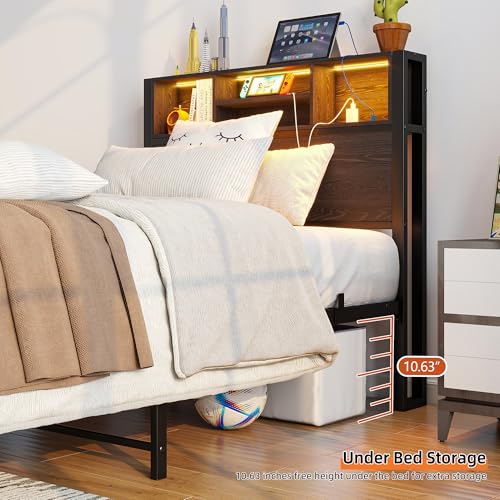WDYLWFHW Twin Size LED Bed Frame with Storage Bookcase Headboard,Single Metal Platform Bed with Charging Station,No Box Spring Needed, Easy Assembly (Black, Twin) WDYLWFHW