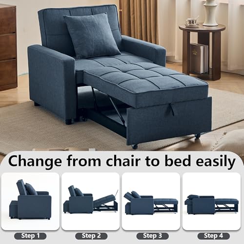 Homotive Sleeper Sofa Bed 3-in-1 Sleeper Chair Pull Out Bed, Futon Couch, Convertible Sofa Bed with Reclining Backrest, 35.6" (Blue) Homotive