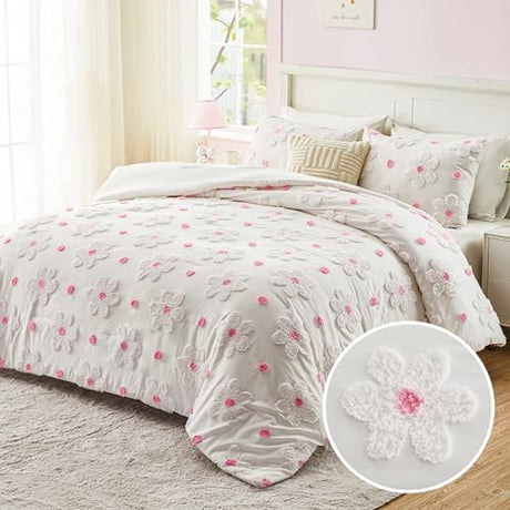 CotComf Twin Comforter Set for Girls 2 Pieces Tufted Daisies Flowers Twin Size Pink Floral Bedding Set Cute Comforter Set for Kids, Lightweight Bed Set for Kids Teen Girls Women CotComf