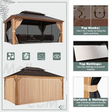 MELLCOM 12' X 16' Hardtop Gazebo, Wooden Finish Coated Aluminum Frame Gazebo with Galvanized Steel Double Roof, Brown Metal Gazebo with Curtains and Nettings for Patios, Gardens, Lawns MELLCOM