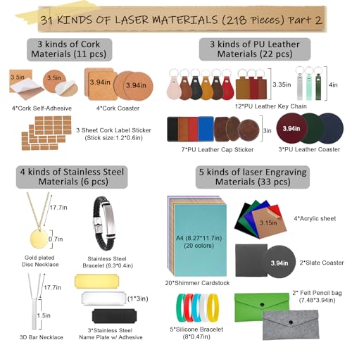 Leafcraft 218PCS Laser Engraving Material Explore Kit, 31 Kinds Laser Cutting Engraving Accessories Include Acrylic, Metal, Wood, Felt, PU Leather, Cork, Rock, Rubber for Engraver Machine DIY Crafting leafcraft