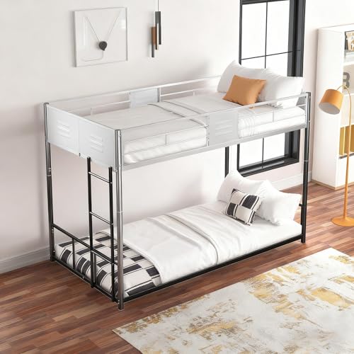 KMBOHE Metal Twin Over Twin Low Bunk Bed with Vent Board, Heavy Duty Steel Frame with Safety Guardrail and Noise Reducing Design, CPC Certified Bunk Bed for Kids and Teens, Black KMBOHE