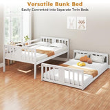 Zevemomo Wooden Low Bunk Bed Twin Over Twin, Solid Pine Bed Frame with Built-in Ladder, Convertible Bed Frame That Separates into 2 Twin Beds, Floor Bunk Bed for Small Spaces, Bedroom, White Zevemomo