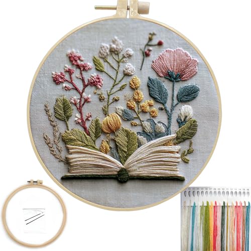 FONNUY Embroidery Kit for Beginners, Flower Book Pre-Stamped Pattern Kits for Adults with Hoop, Cross Stitch Easy to Follow Color Thread Needlework, 8'' Hoop (Green)