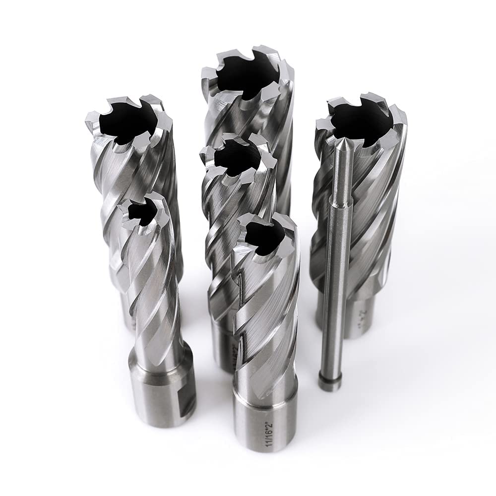 OSCARBIDE Annular Cutter Set 8 Pieces, 3/4"Weldon Shank,2"Cutting Depth,(9/16,11/16,13/16,15/16,1,1-1/16) inch Cutting Diameter,Mag Drill Bits for Magnetic Drill Press with 2pcs Pilot Pins - WoodArtSupply