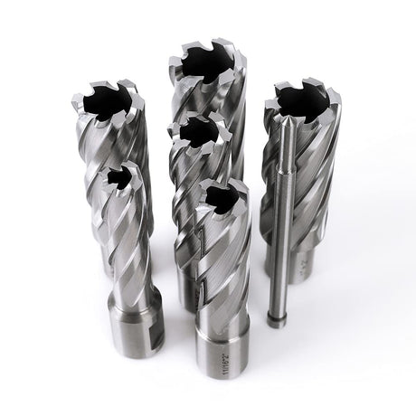 OSCARBIDE Annular Cutter Set 8 Pieces, 3/4"Weldon Shank,2"Cutting Depth,(9/16,11/16,13/16,15/16,1,1-1/16) inch Cutting Diameter,Mag Drill Bits for Magnetic Drill Press with 2pcs Pilot Pins OSCARBIDE