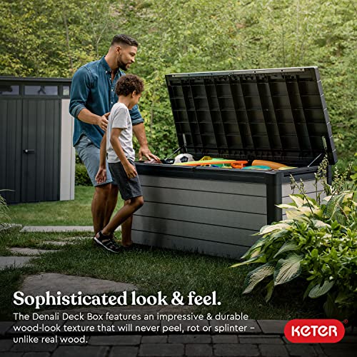 Keter Denali 150 Gallon Resin Large Deck Box-Organization and Storage for Patio Furniture, Outdoor Cushions, Garden Tools and Pool Toys, Grey & Black Keter