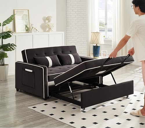 STBIGSLEP 3 in 1 Convertible Sleeper Sofa Bed, Small Couch for Living Room Bedroom with Pullout Bed Adjustable Backrest,Velvet,Loveseat Sofa Bed,Futon Couches (Black) STBIGSLEP