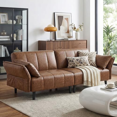 hausway 76.4" Leather Loveseat Sofa,Mid Century Modern Convertible Faux Leather Futon Couch with Adjustable Backrest&Armrest,Wooden&Steel Frame for Living Room,Apartment,Office,Space-Saving,Brown hausway