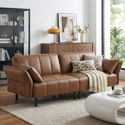 hausway 76.4" Leather Loveseat Sofa,Mid Century Modern Convertible Faux Leather Futon Couch with Adjustable Backrest&Armrest,Wooden&Steel Frame for Living Room,Apartment,Office,Space-Saving,Brown