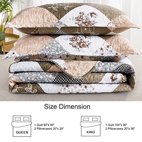 Dinjoy Floral Plaid Patchwork Quilt Set Twin Size, Reversible Brown Bedding Set Soft Microfiber Lightweight Bedspread Coverlet 3 Piece Fall Autumn Summer Use (68x86 inches) Dinjoy