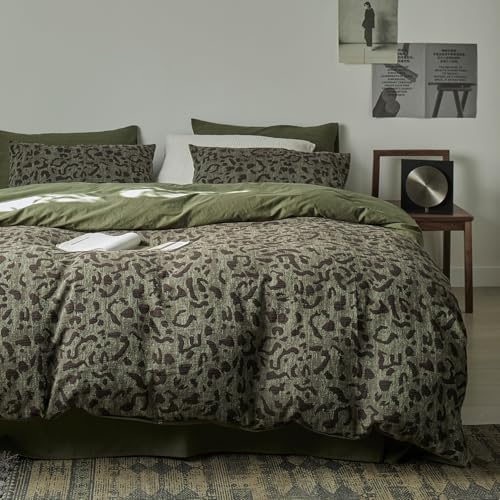 mixinni Leopard Duvet Cover King Size, Premium Yarn-Dyed Jacquard Cotton Duvet Cover with Green Leopard Print, Farmhouse Bedding Set with 2 Pillowcases Perfect for Him and Her-(King Size, Green) mixinni