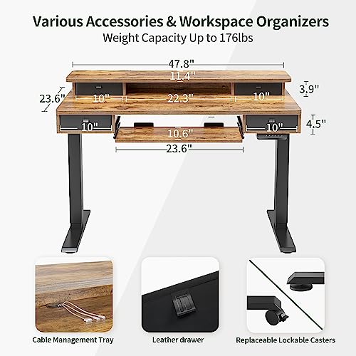 FEZIBO Height Adjustable Electric Standing Desk with 4 Drawers and Keyboard Tray, 48 x 24 Inch Table with Storage Shelf, Sit Stand Desk with Splice Board, Rustic Brown - WoodArtSupply