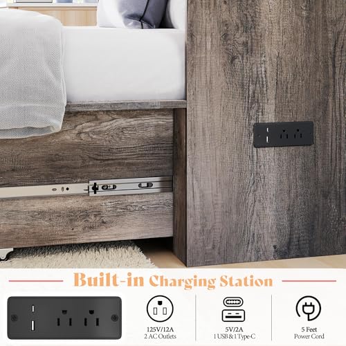 AMERLIFE Twin Murphy Bed Cabinet with Charging Station and Storage Drawer, Farmhouse Foldable Platform Bed for Home Office, Apartment, Small Spaces, Rustic Grey AMERLIFE